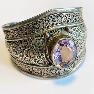 Huge Sterling Silver Filigree Cuff Bracelet with Faceted Amethyst Gemstone